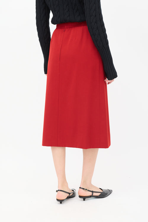 Hermès Vintage Red Wool 
Leather Trimmed Midi Skirt