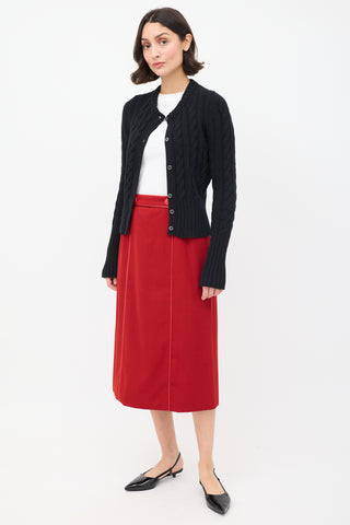 Hermès Vintage Red Wool 
Leather Trimmed Midi Skirt