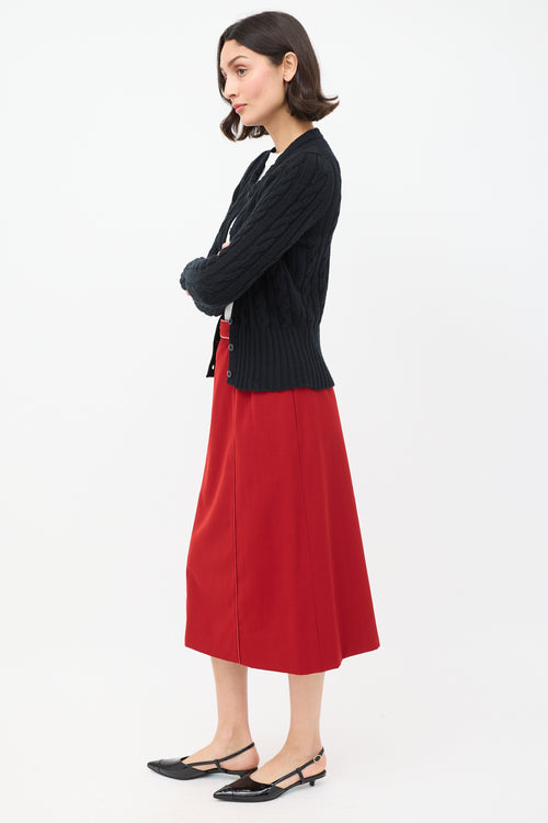 Hermès Vintage Red Wool 
Leather Trimmed Midi Skirt