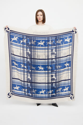 Hermès Cream 
Blue Sequences Cashmere Silk Shawl