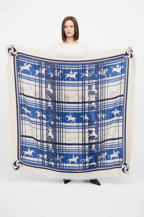 Hermès Cream 
Blue Sequences Cashmere Silk Shawl