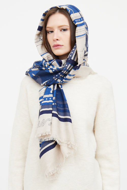 Hermès Cream 
Blue Sequences Cashmere Silk Shawl