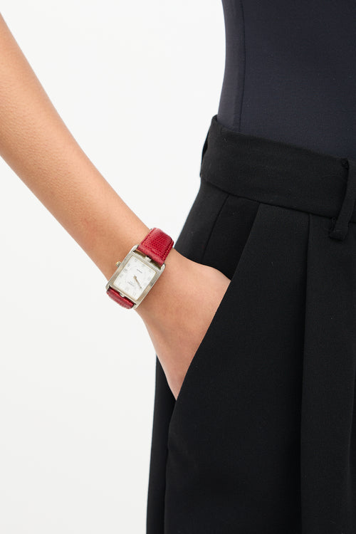 Hermès Silver 
Red Leather Cape Cod Watch