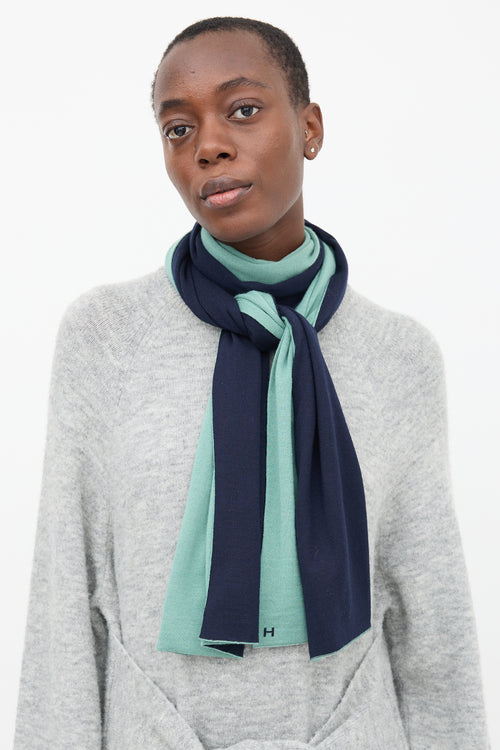 Hermès Teal Blue 
Navy Cashmere Reversible Scarf