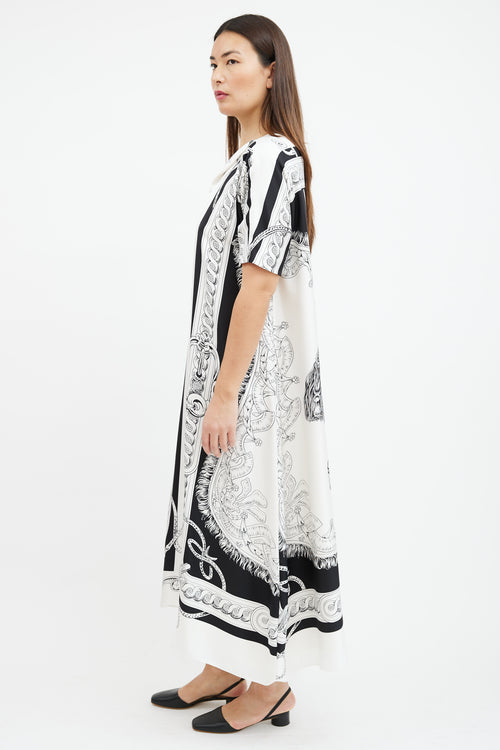 Hermès White 
Black Printed Silk Dress