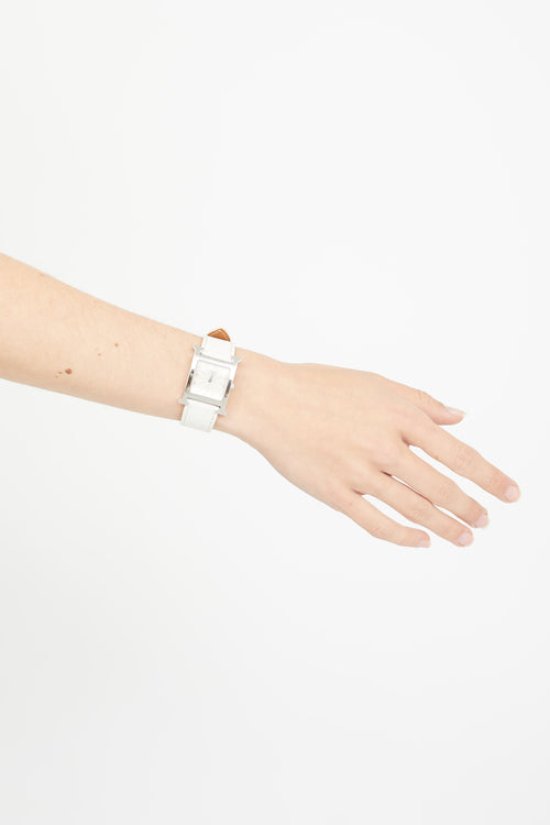 Hermès White Leather 
Silver Small Heure H Watch