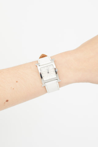 Hermès White Leather 
Silver Small Heure H Watch