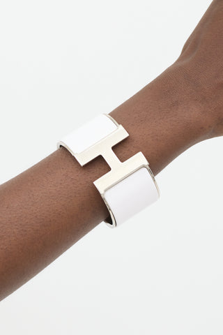 Hermès White 
Silver Extra Wide Clic Clac H Bracelet