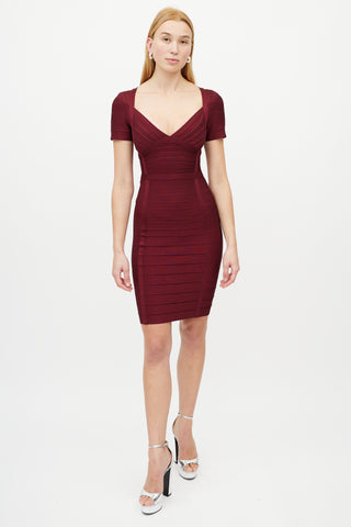 Hervé Léger Burgundy V-Neck Bandage Dress