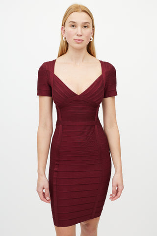 Hervé Léger Burgundy V-Neck Bandage Dress