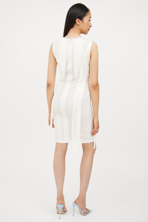 Hervé Léger White 
Beige Knit Fringe Sleeveless Dress