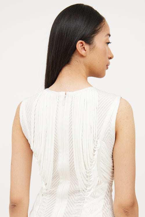 Hervé Léger White 
Beige Knit Fringe Sleeveless Dress