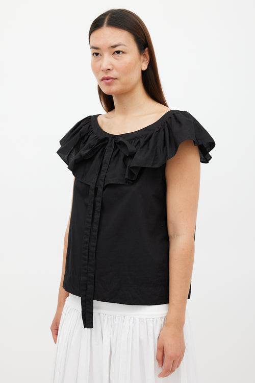 Horses Atelier Black Cotton Ruffled Scoop Neck Top