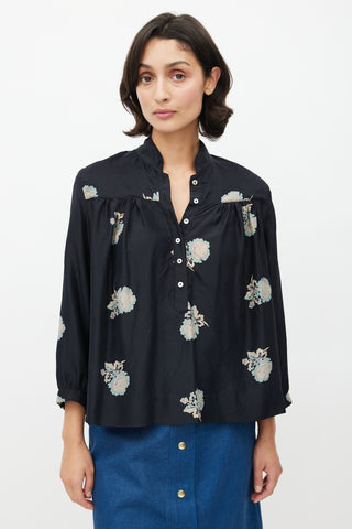 Horses Atelier Black 
Multi Silk Floral Blouse