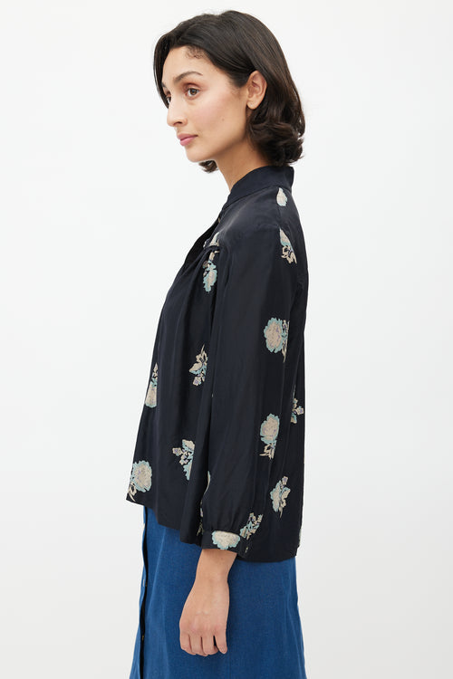 Horses Atelier Black 
Multi Silk Floral Blouse