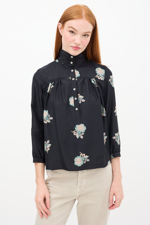 Horses Atelier Black 
Multi Silk Floral Top