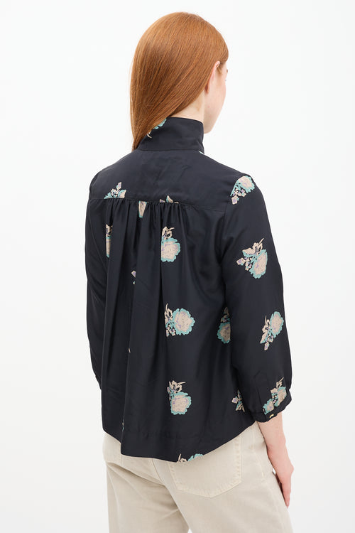 Horses Atelier Black 
Multi Silk Floral Top