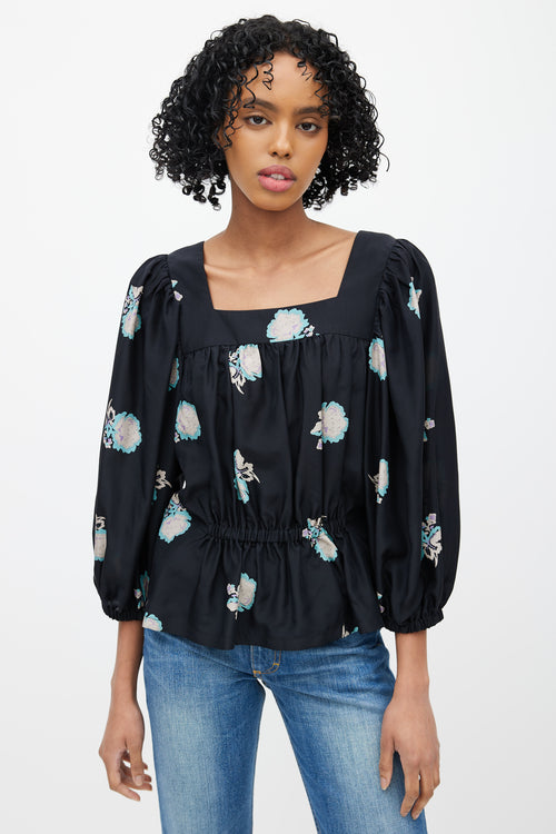 Horses Atelier Black 
Multicolour Floral Silk Top