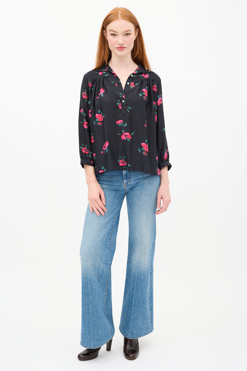 Horses Atelier Black 
Red Silk Floral Shirt