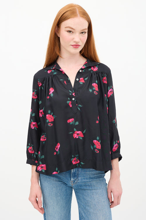 Horses Atelier Black 
Red Silk Floral Shirt