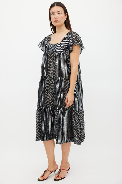 Horses Atelier Black 
Silver Striped Tier Midi Dress