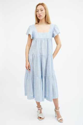 Horses Atelier Blue 
White Striped Cotton Tiered Dress