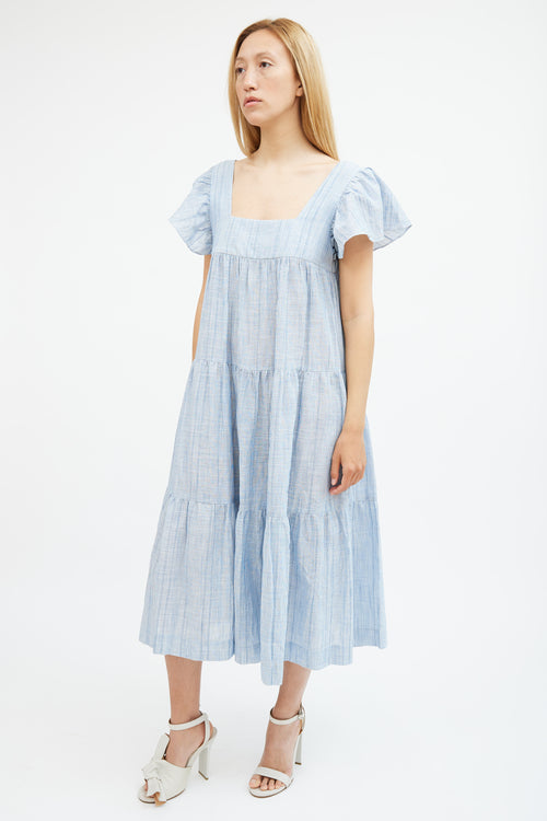 Horses Atelier Blue 
White Striped Cotton Tiered Dress