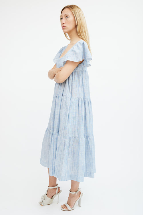 Horses Atelier Blue 
White Striped Cotton Tiered Dress