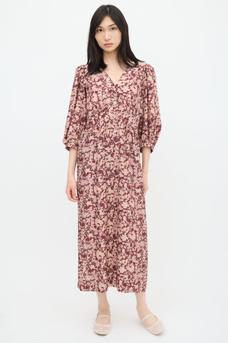 Horses Atelier Burgundy 
Pink Silk Floral Dress