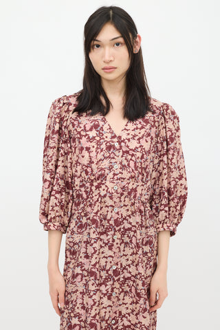 Horses Atelier Burgundy 
Pink Silk Floral Dress