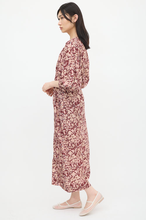 Horses Atelier Burgundy 
Pink Silk Floral Dress