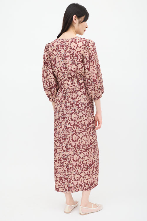 Horses Atelier Burgundy 
Pink Silk Floral Dress