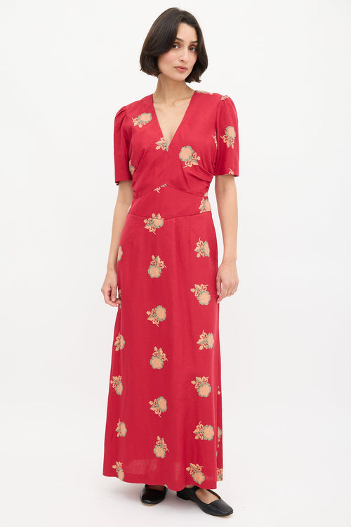 Horses Atelier Red 
Multi Silk Floral Obi Puff Dress