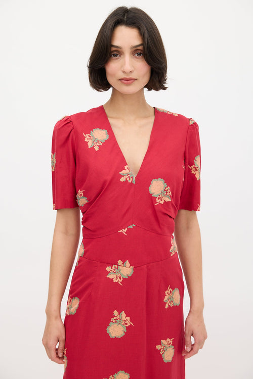 Horses Atelier Red 
Multi Silk Floral Obi Puff Dress