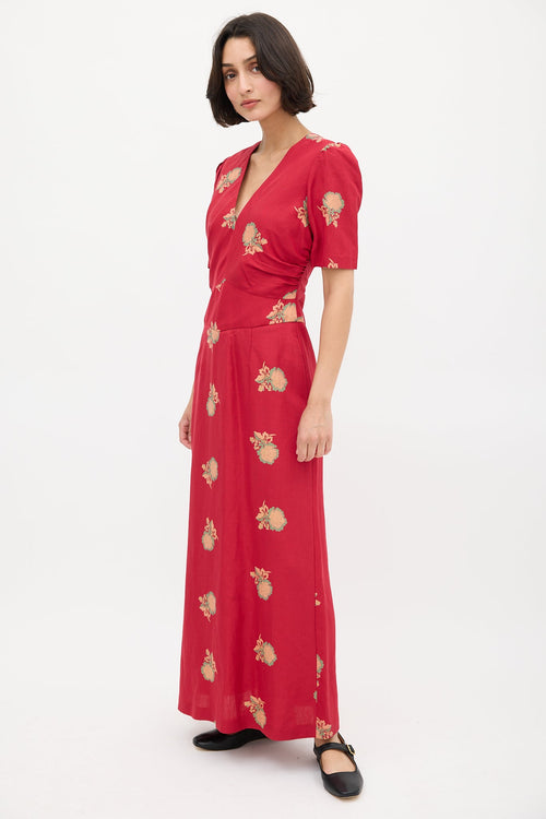 Horses Atelier Red 
Multi Silk Floral Obi Puff Dress