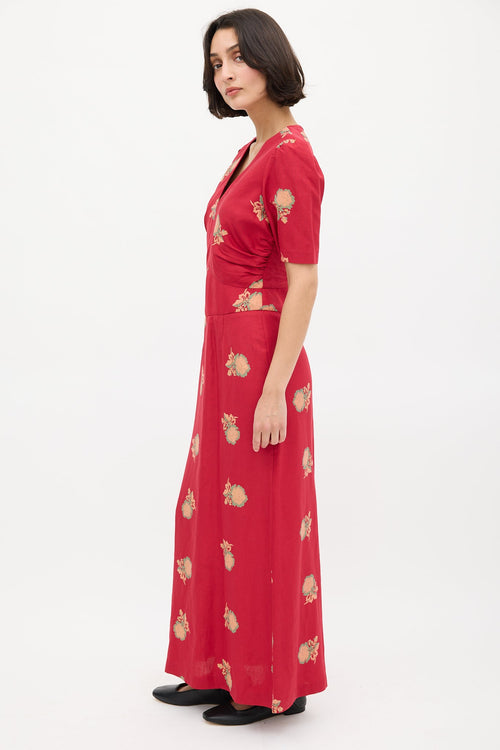 Horses Atelier Red 
Multi Silk Floral Obi Puff Dress