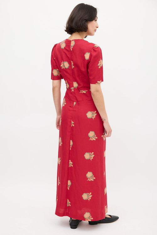 Horses Atelier Red 
Multi Silk Floral Obi Puff Dress