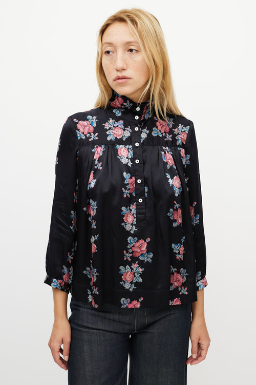 Horses Atelier Black 
Multicolour Silk Floral Shirt