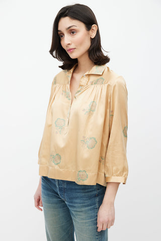 Horses Atelier Brown 
Green Silk Blend Floral Printed Top