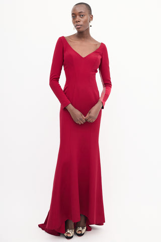 Ines Di Santo Red Long Sleeve Lace Panel Gown