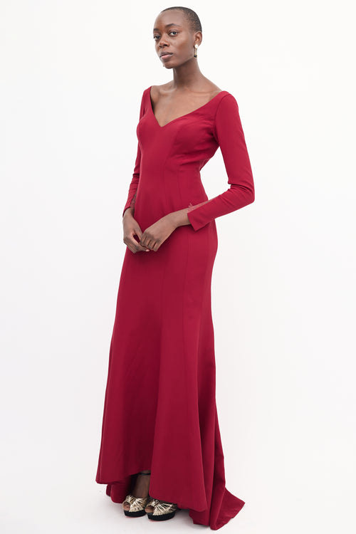 Ines Di Santo Red Long Sleeve Lace Panel Gown