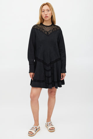 Isabel Marant Black Linen 
Floral Lace Panelled Dress