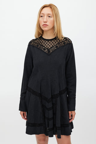 Isabel Marant Black Linen 
Floral Lace Panelled Dress