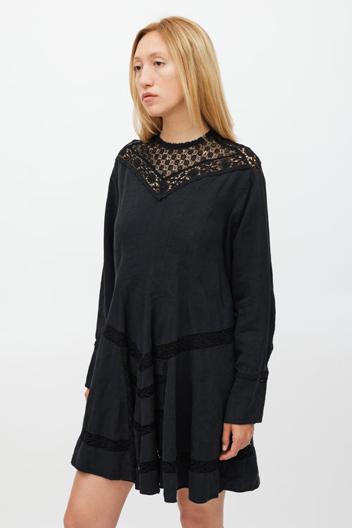 Isabel Marant Black Linen 
Floral Lace Panelled Dress