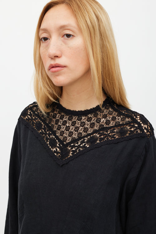 Isabel Marant Black Linen 
Floral Lace Panelled Dress