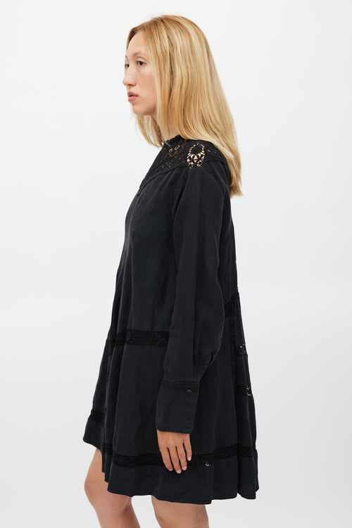 Isabel Marant Black Linen 
Floral Lace Panelled Dress