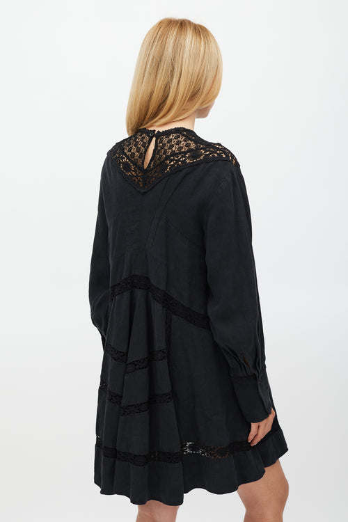 Isabel Marant Black Linen 
Floral Lace Panelled Dress