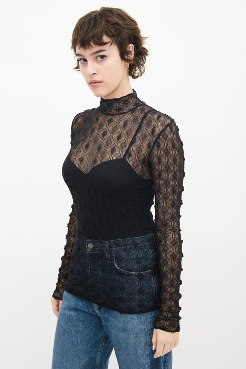 Isabel Marant Black Puckered Mesh Mock Neck Top