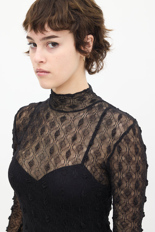 Isabel Marant Black Puckered Mesh Mock Neck Top