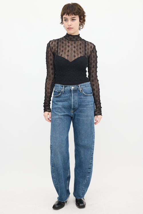 Isabel Marant Black Puckered Mesh Mock Neck Top